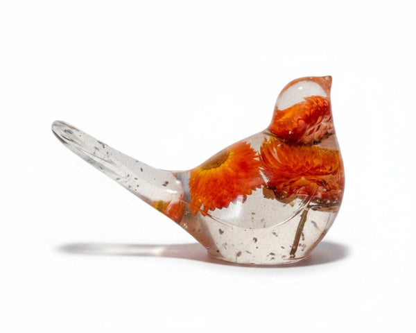 Harvest Songbird strawflower resin bird decor with real orange and burgundy strawflowers, handmade Canada