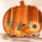 Wooden harvest sunflower pumpkin tray with real pressed sunflower, dried botanicals, bee charm, and gold glitter detail