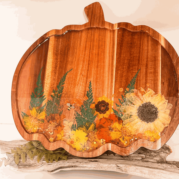 Wooden harvest sunflower pumpkin tray with real pressed sunflower, dried botanicals, bee charm, and gold glitter detail