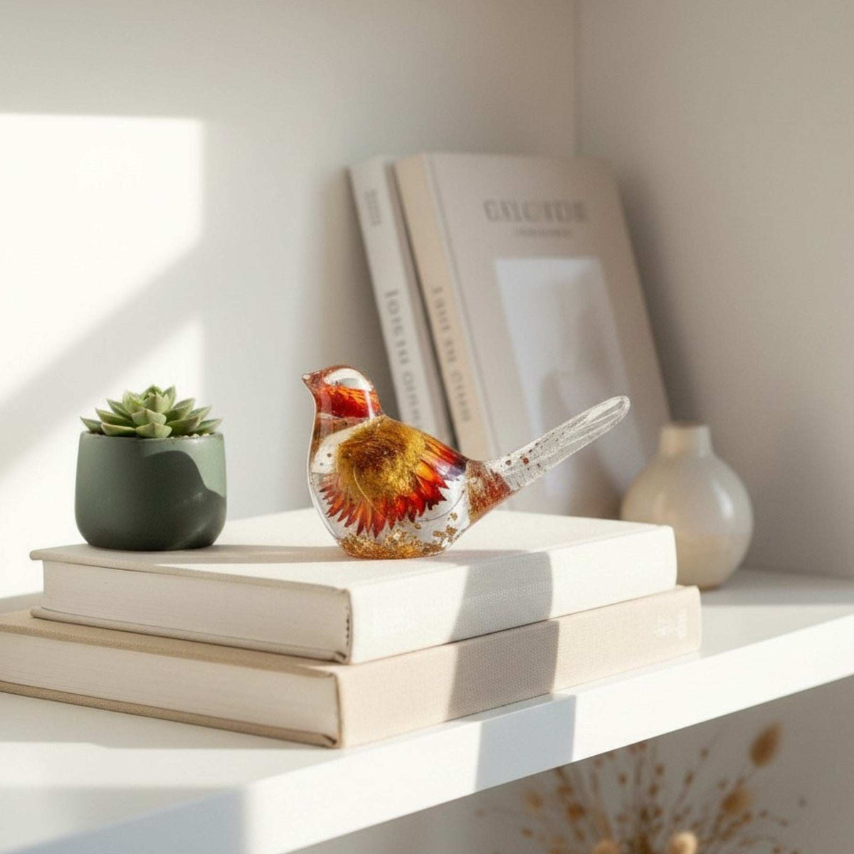 Harvest Songbird strawflower resin bird decor perched on a shelf with loose dried strawflowers