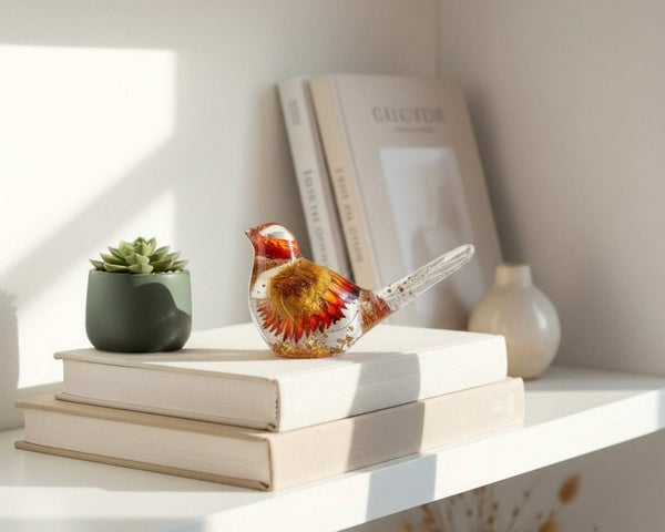 Harvest Songbird strawflower resin bird decor perched on a shelf with loose dried strawflowers