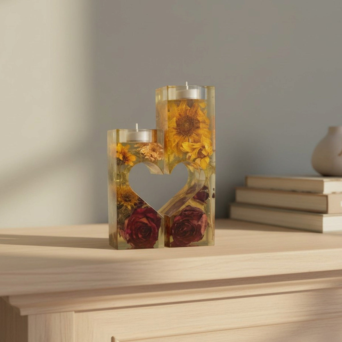 Heart tealight holder set in clear resin, with yellow sunflowers and deep red roses forming two halves of a heart