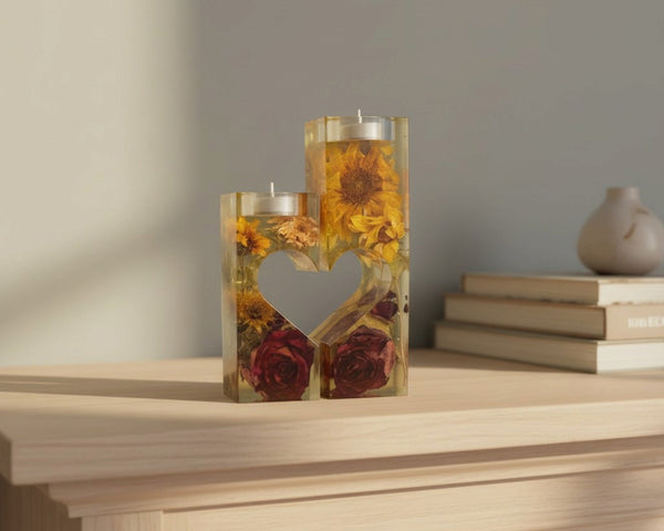 Heart tealight holder set in clear resin, with yellow sunflowers and deep red roses forming two halves of a heart