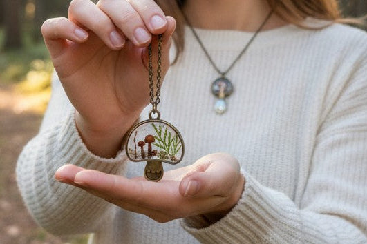 Woman holding a necklace with a pendant in a forest setting