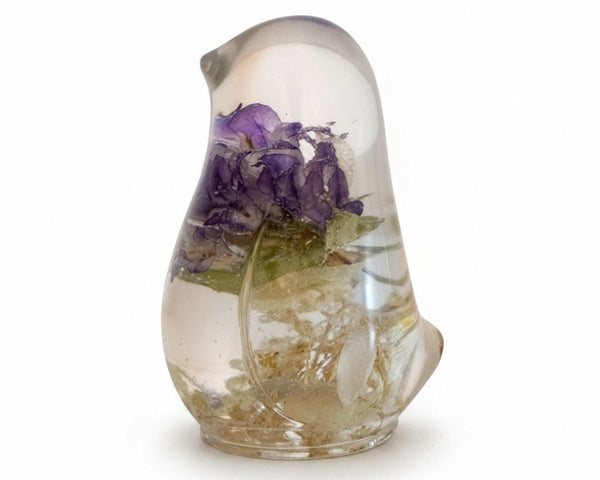 Garden Reverie Songbird hydrangea resin bird decor with real white hydrangea and purple blooms in clear resin, handmade Canada