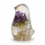 Garden Reverie Songbird hydrangea resin bird decor with real white hydrangea and purple blooms in clear resin, handmade Canada