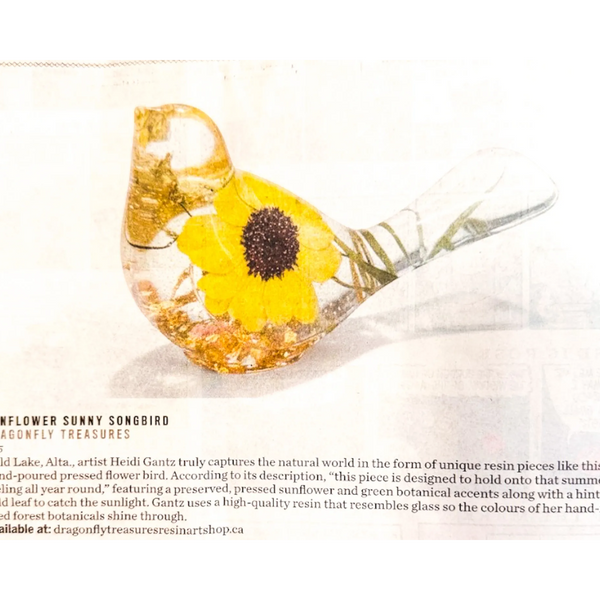 Sunflower Sunny Songbird - Handmade Pressed Flower Resin Bird Decor