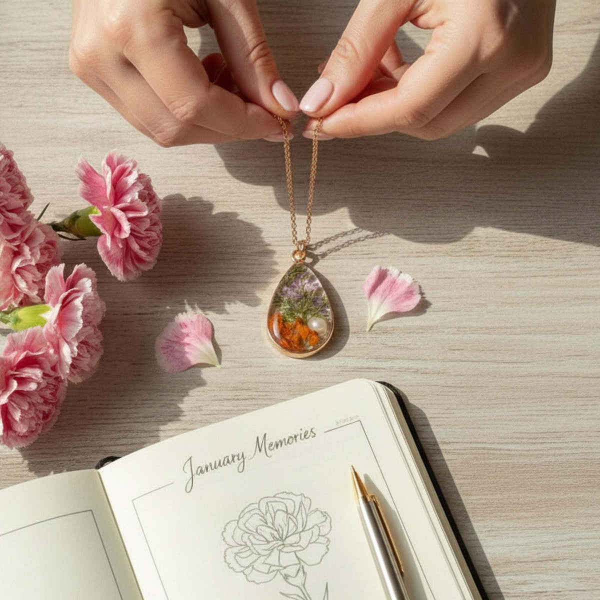 Birth Month Teardrop Pendant -Custom Order Real Pressed Flower Jewelry