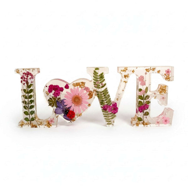 Pink daisy resin word art with pressed wildflowers, tiny ladybug, fern fronds, and gold leaf flakes in clear resin letters spelling LOVE