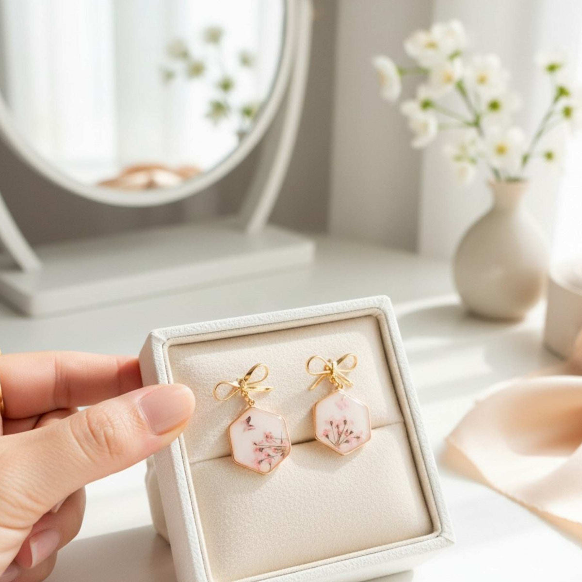 Pink Butterfly & Boreal Spring Bloom Handmade Hexagon Earrings