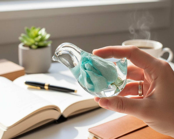 Blue Rose Songbird rainbow rose resin bird decor with real blue tinted rainbow rose in cool aqua resin, handmade Canada