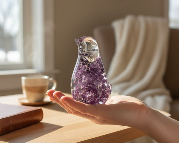 Lilac Bloom Songbird lilac resin bird decor with full preserved deep purple lilac bloom in clear resin, handmade Canada