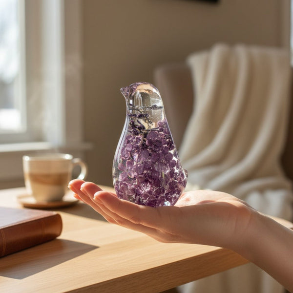 Lilac Bloom Songbird lilac resin bird decor with full preserved deep purple lilac bloom in clear resin, handmade Canada