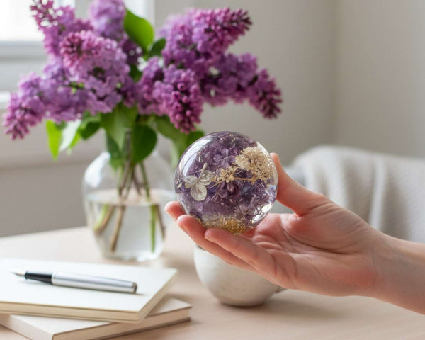 Purple lilac resin sphere with real lilac and white hydrangea blooms glowing on LED base