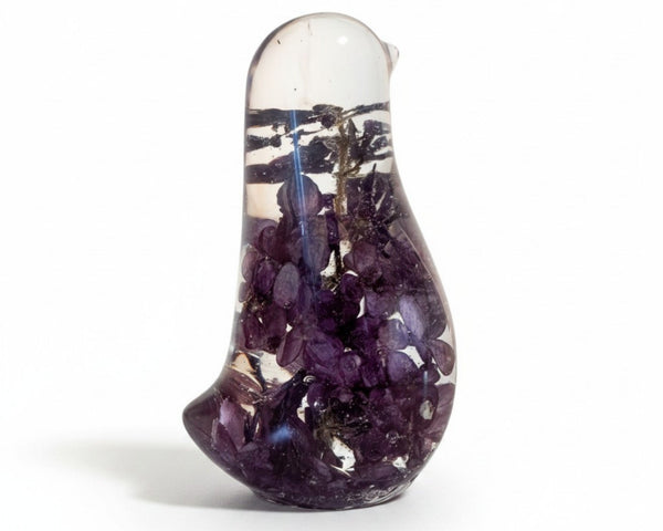 Lilac Bloom Songbird lilac resin bird decor with full preserved deep purple lilac bloom in clear resin, handmade Canada