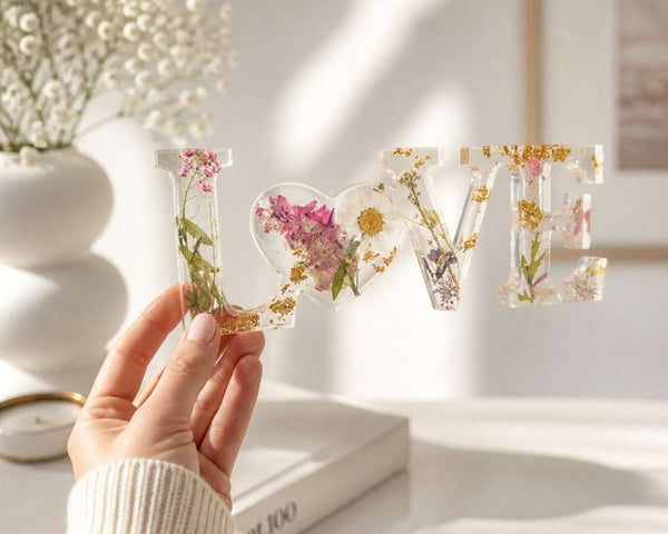 Daisy resin word art with real pressed white daisy and blush blooms, gold leaf flakes, and heart-shaped O design