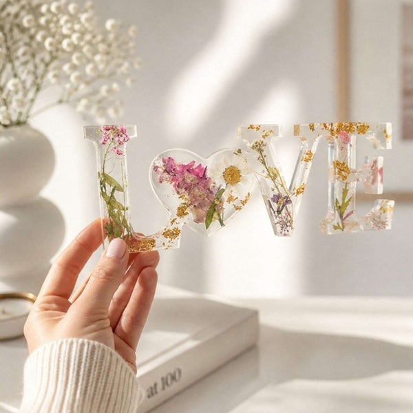 Daisy resin word art with real pressed white daisy and blush blooms, gold leaf flakes, and heart-shaped O design