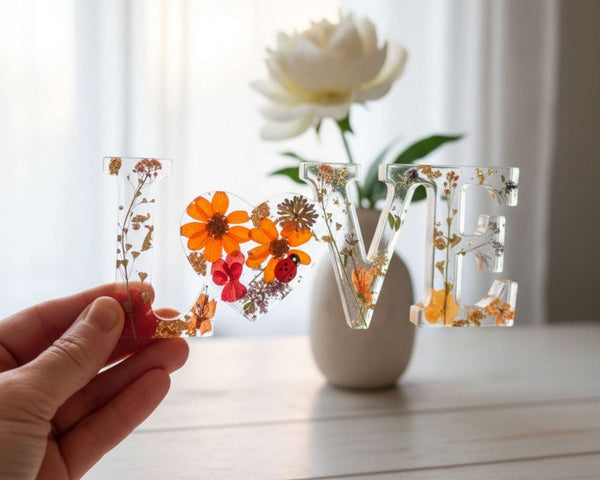 Pressed flower resin decor spelling LOVE with real wildflowers and a tiny ladybug in clear resin letters