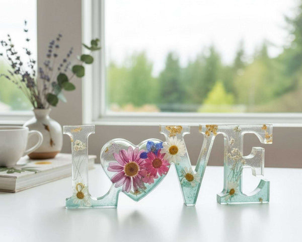 Handcrafted floral resin LOVE sign with a large pink cosmo and forest green base.