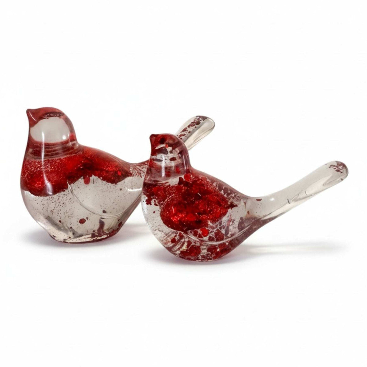  Scarlet Lovebirds red glitter resin bird pair with chunky red hearts and shimmer, handmade Canada