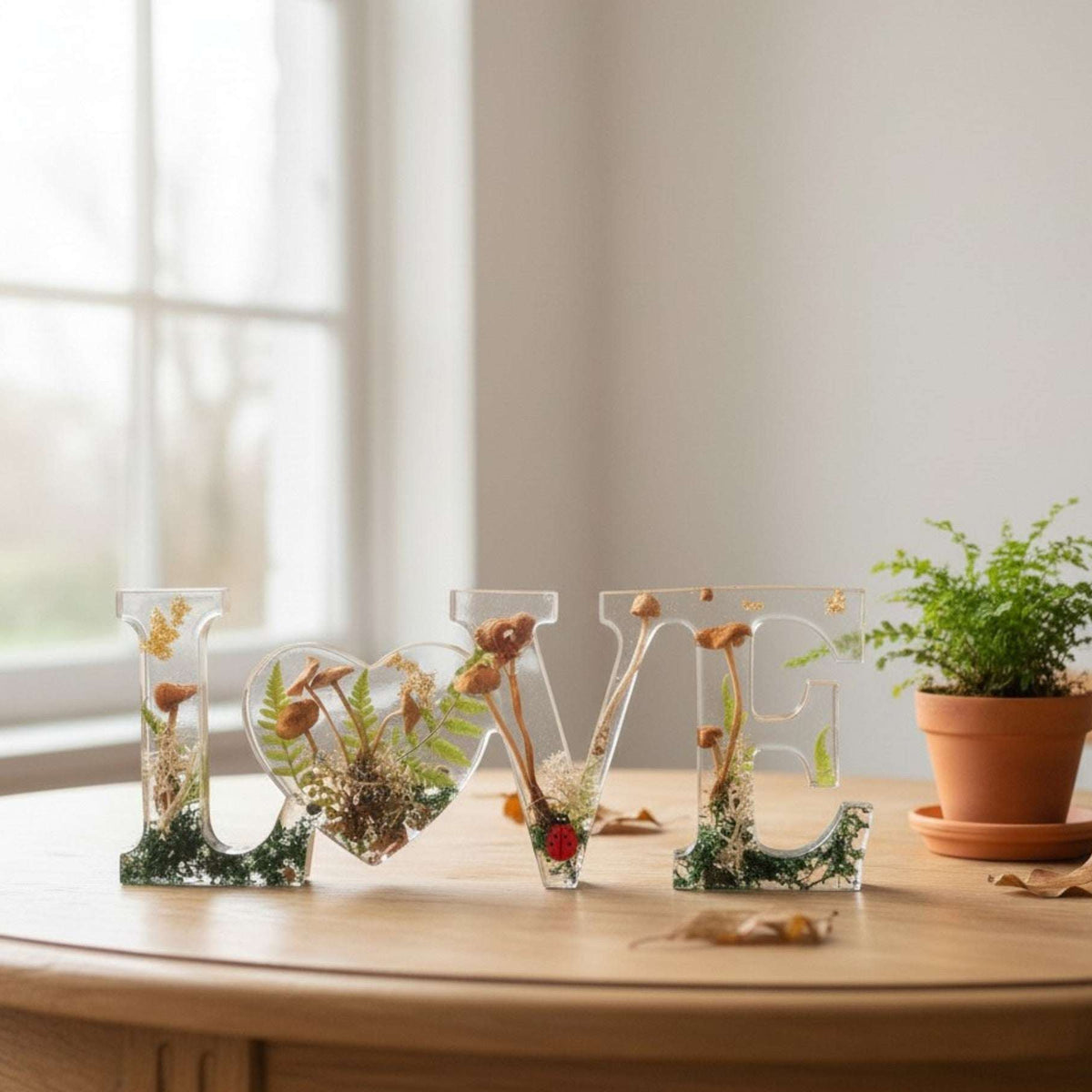 Wildwood Love Handmade Word Decor with real Forest Mushrooms and Ferns