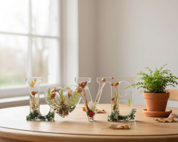 Wildwood Love Handmade Word Decor with real Forest Mushrooms and Ferns