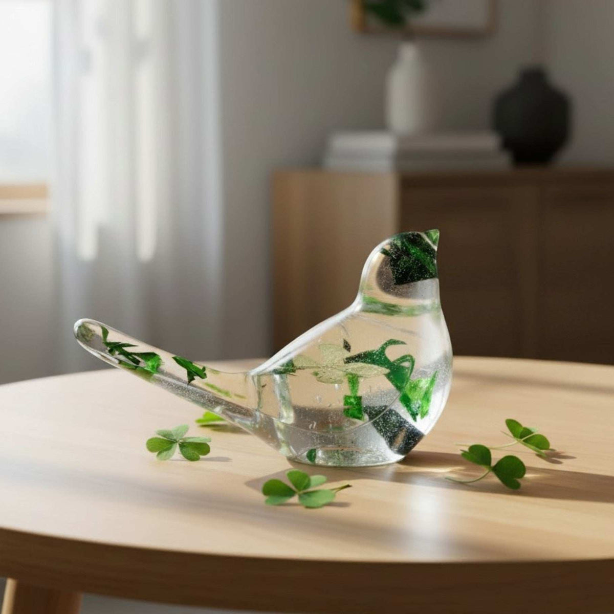  Clear resin bird figurine filled with real green four leaf clovers, vibrant green botanicals, and gold flakes,