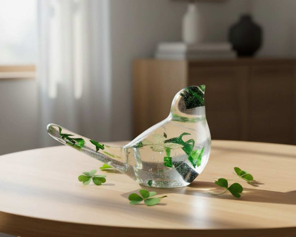  Clear resin bird figurine filled with real green four leaf clovers, vibrant green botanicals, and gold flakes,