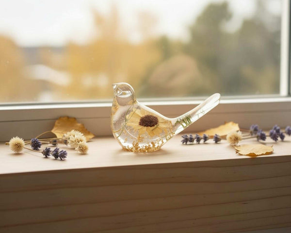 Sunflower Sunny Songbird - Handmade Pressed Flower Resin Bird Decor