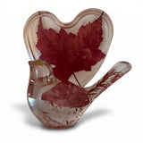 Maple leaf bird and tray set in clear resin, featuring a deep red maple leaf heart and bird with gold accents.