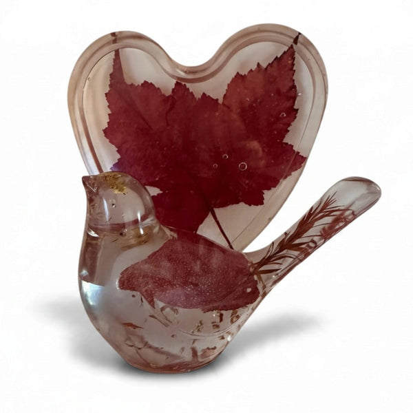 Maple leaf bird and tray set in clear resin, featuring a deep red maple leaf heart and bird with gold accents.