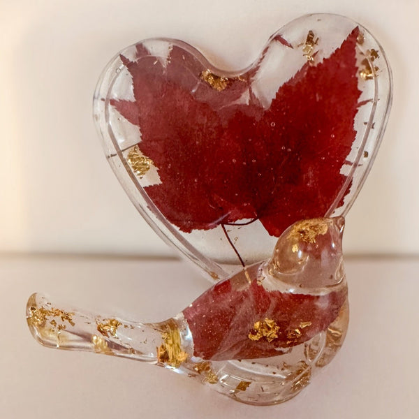 Maple leaf bird and tray set in clear resin, with deep red leaves and gold leaf accents across the heart and bird.