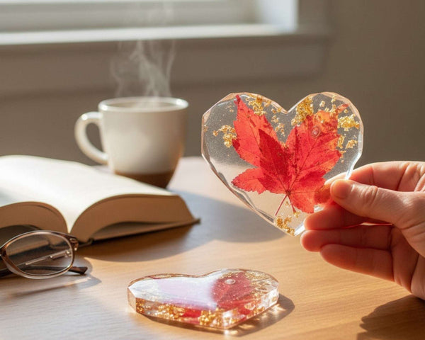 Canadian Maple Leaf Heart Coasters – Resin Decor with Gold Leaf Accent