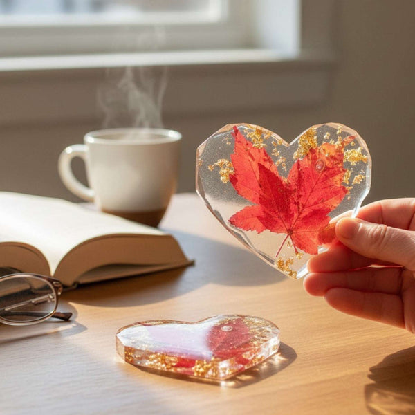 Canadian Maple Leaf Heart Coasters – Resin Decor with Gold Leaf Accent
