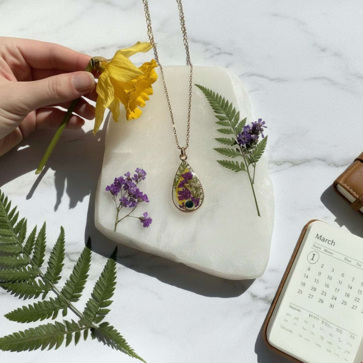 Birth Month Teardrop Pendant -Custom Order Real Pressed Flower Jewelry