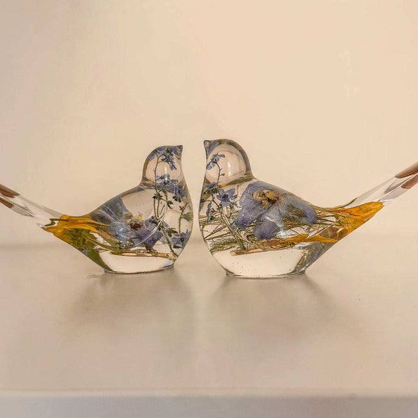 Memorial resin bird, a handmade keepsake holding real dried flowers in clear resin