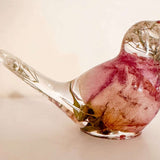Memorial resin bird, a handmade keepsake holding real dried flowers in clear resin