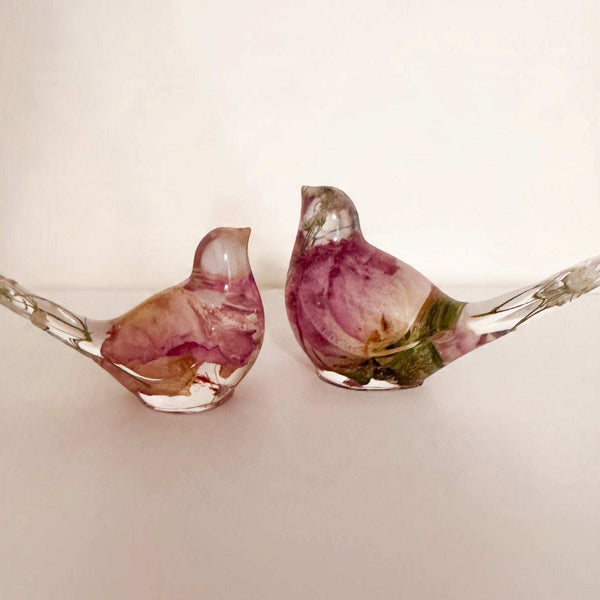 Memorial resin bird handmade in clear resin with real preserved flowers