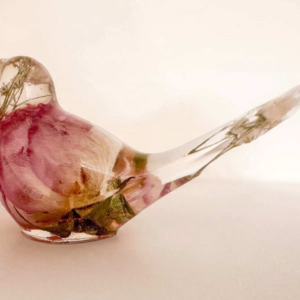 Memorial resin bird, a handmade keepsake holding real dried flowers in clear resin