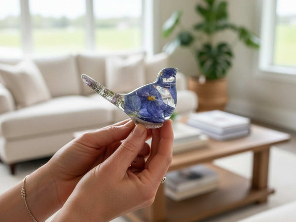 Handmade Forever Songbird memorial resin bird with preserved forget-me-nots and customizable base finish