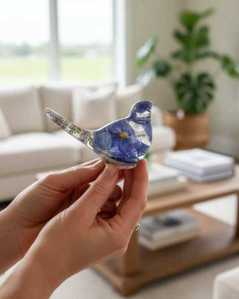 Handmade Forever Songbird memorial resin bird with preserved forget-me-nots and customizable base finish