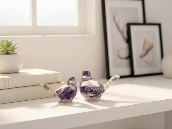 Handmade Forever Songbird memorial resin bird with preserved forget-me-not flowers and customizable base finish