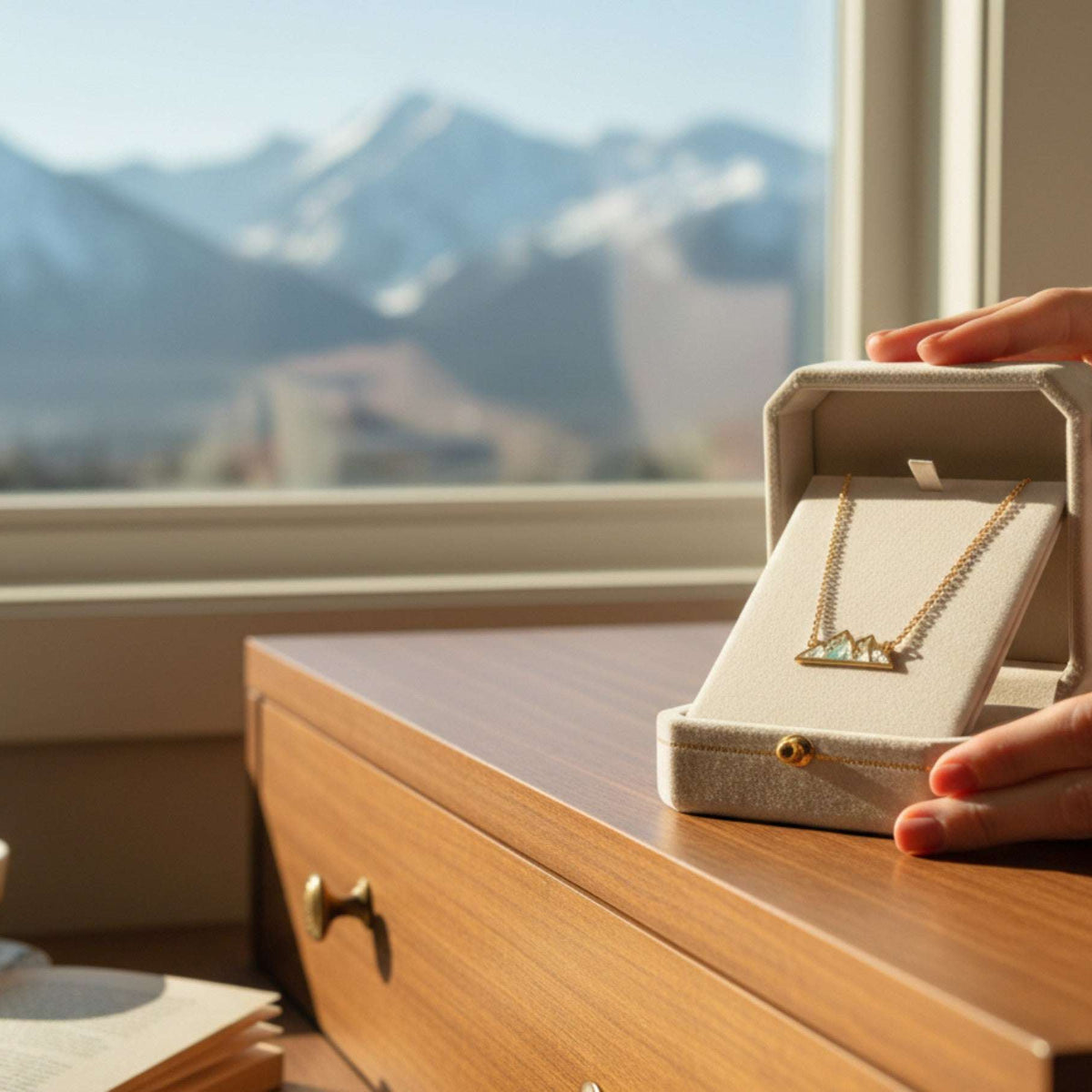 Handmade Gold Mountain Pendant Necklace with Northern Lights