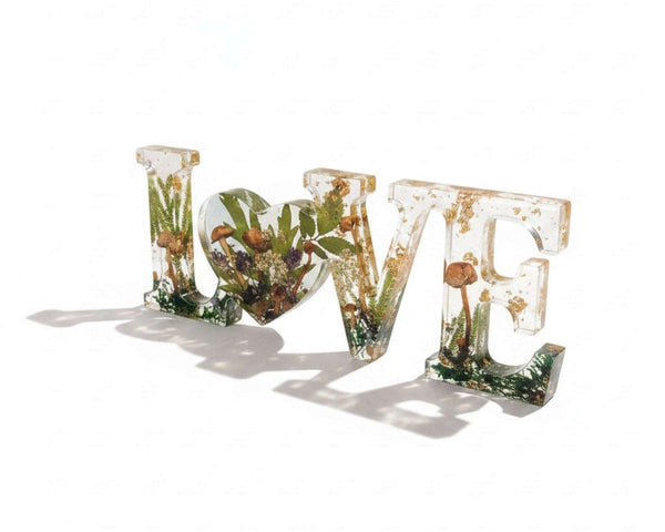 Boreal Mushroom LOVE word art with real mushrooms, ferns, moss, and gold leaf in clear resin decor