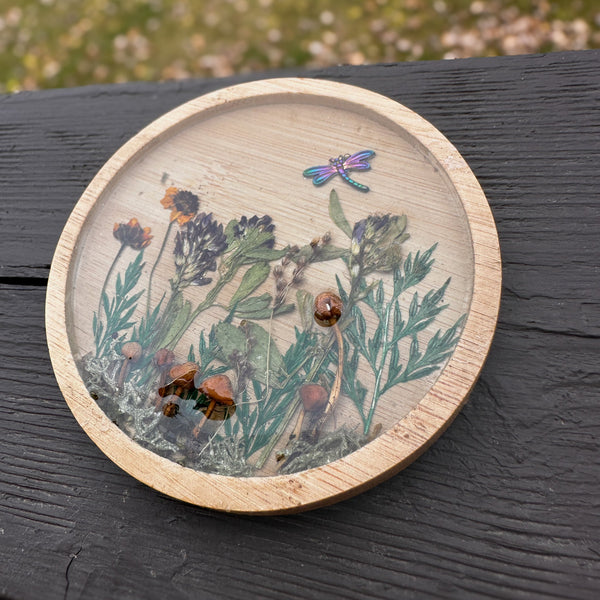 Mushroom trinket dish with a natural wood rim, clear resin, tiny mushrooms, pressed greenery and a dragonfly charm