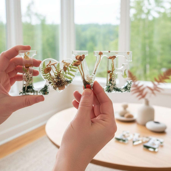 Wildwood Love Handmade Word Decor with real Forest Mushrooms and Ferns