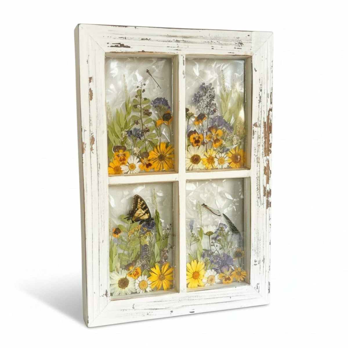 Pressed Flower Window Frame with white distressed wood, clear resin panes featuring real dried wildflowers, a swallowtail butterfly, and dragonflies with holographic backing.