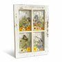 Pressed Flower Window Frame with white distressed wood, clear resin panes featuring real dried wildflowers, a swallowtail butterfly, and dragonflies with holographic backing.