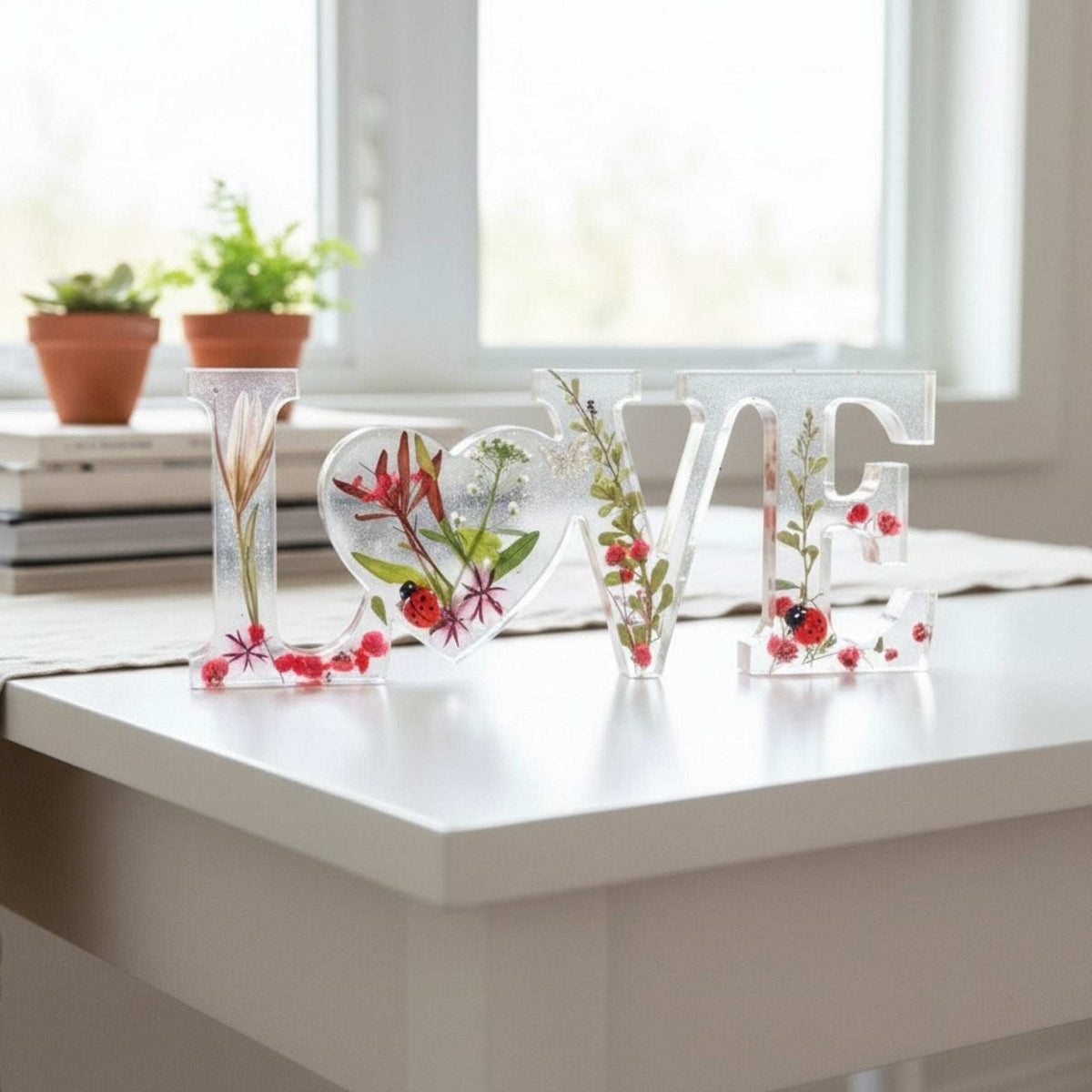 Garden Path LOVE ladybug resin word art displayed on a white table
