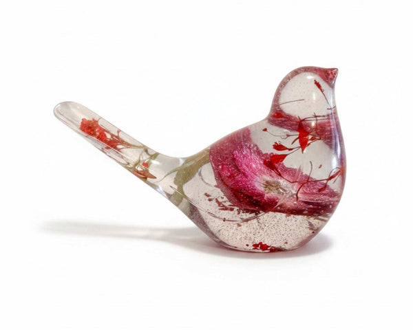 Ruby Rose Songbird resin decor with embedded real red rose and botanical details